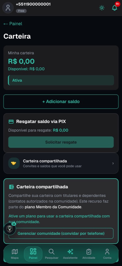 Carteira do aplicativo, com o saldo depositado e o botão de adicionar saldo