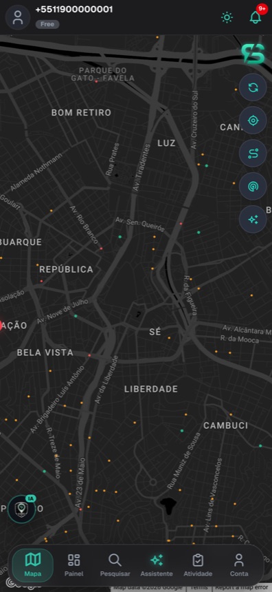 Mapa do aplicativo, com a busca ativa avisando a região