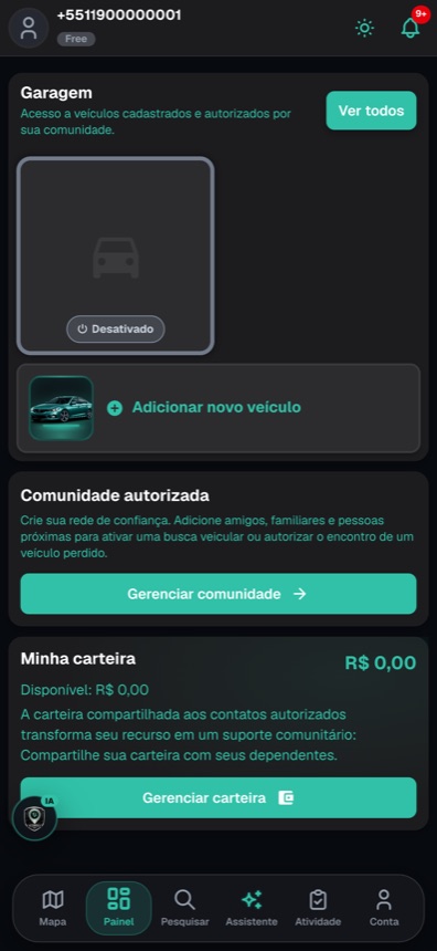 Painel do aplicativo, com a comunidade autorizada e a carteira do caso